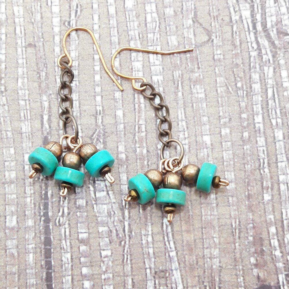 Turquoise gemstone Copper Hooks Hidden Meaning earrings Cool Blue , POP of  405■